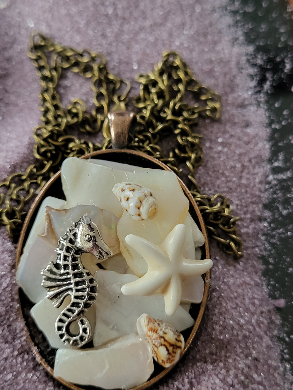 Sea-inspired White Abalone Shell Pendant Necklace with Seahorse Accent